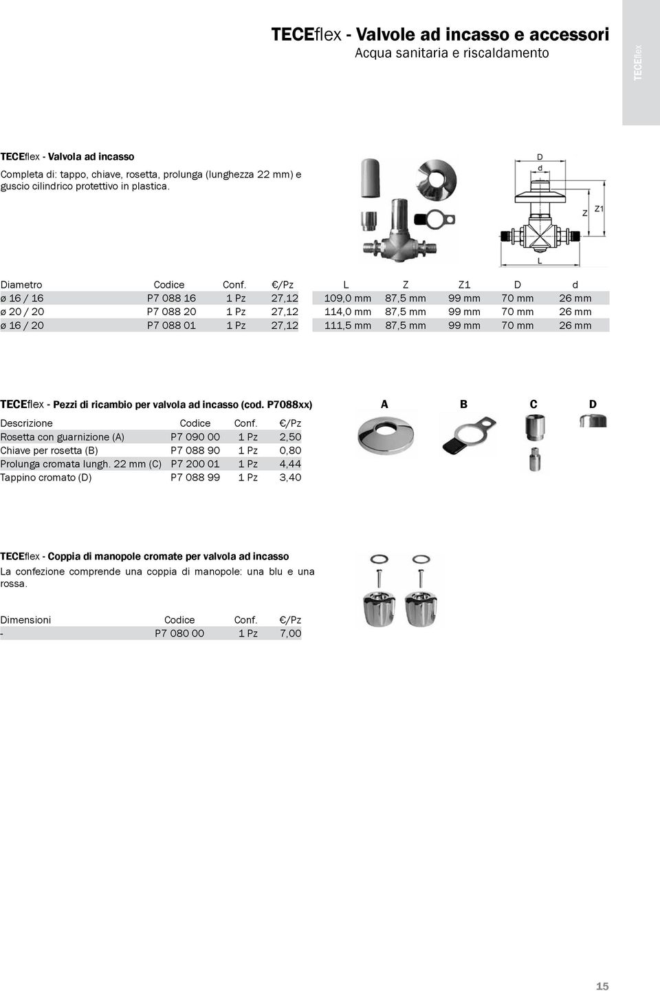 mm 26 mm - Pezzi di ricambio per valvola ad incasso (cod. P7088xx) Descrizione Codice Conf.