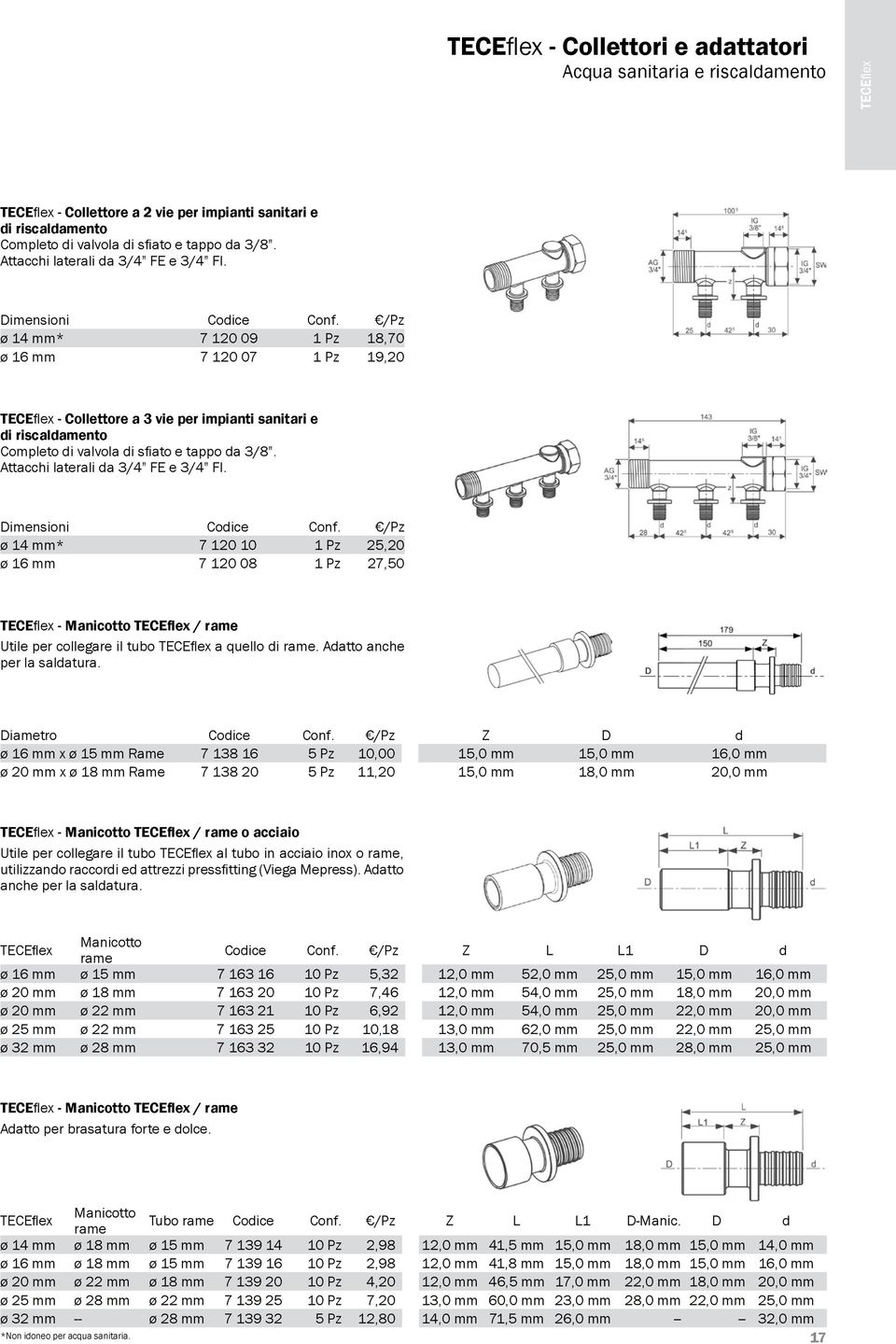 /Pz ø 14 mm* 7 120 09 1 Pz 18,70 ø 16 mm 7 120 07 1 Pz 19,20 - Collettore a 3 vie per impianti sanitari e di riscaldamento Completo di valvola di sfiato e tappo da 3/8".