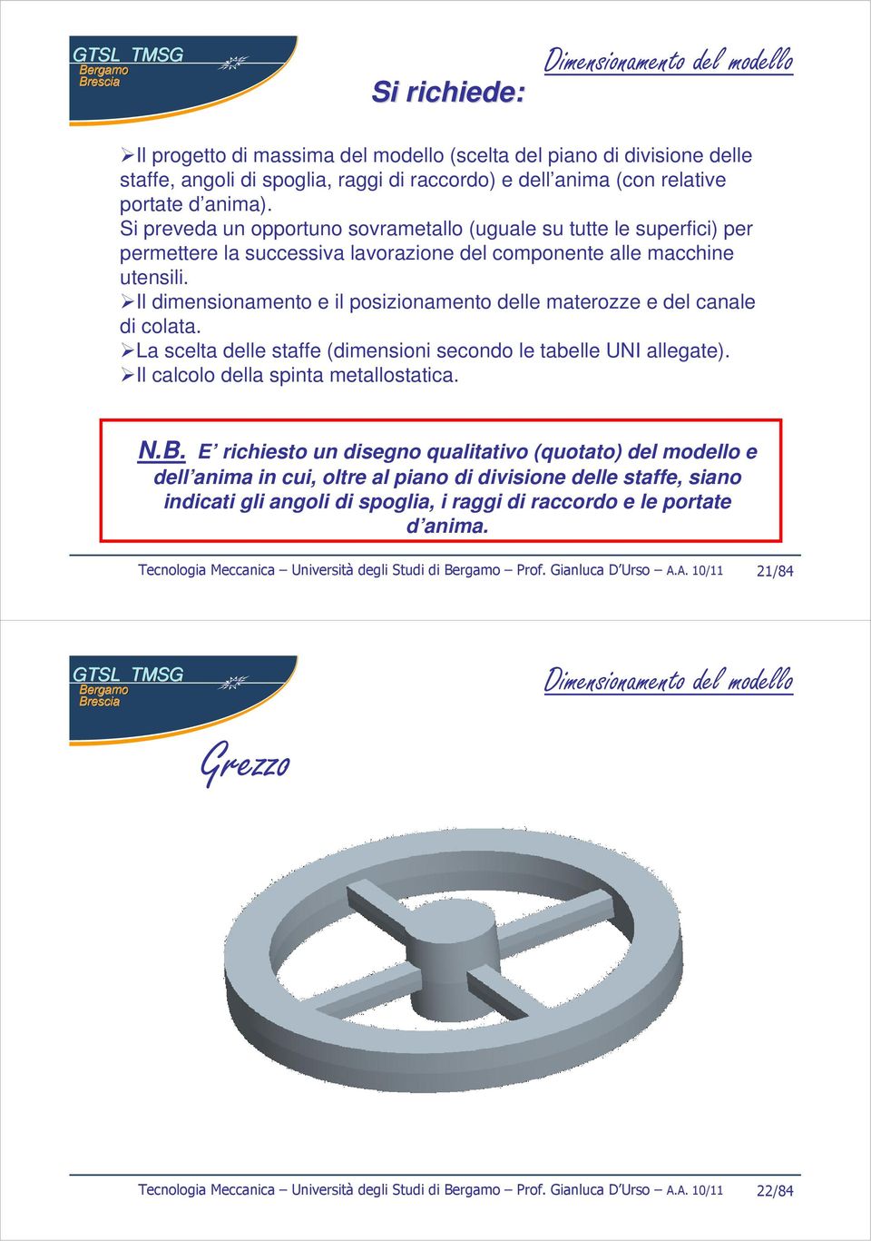 Il dimensionamento e il posizionamento delle materozze e del canale di colata. La scelta delle staffe (dimensioni secondo le tabelle UNI allegate). Il calcolo della spinta metallostatica. N.B.