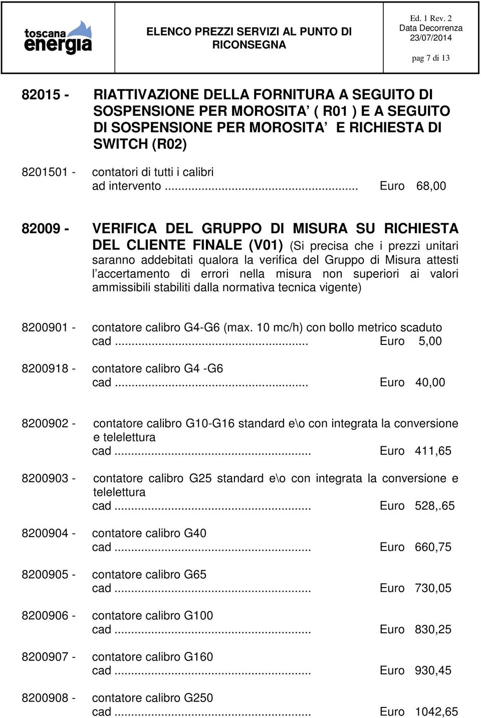 .. Euro 68,00 82009 - VERIFICA DEL GRUPPO DI MISURA SU RICHIESTA DEL CLIENTE FINALE (V01) (Si precisa che i prezzi unitari saranno addebitati qualora la verifica del Gruppo di Misura attesti l