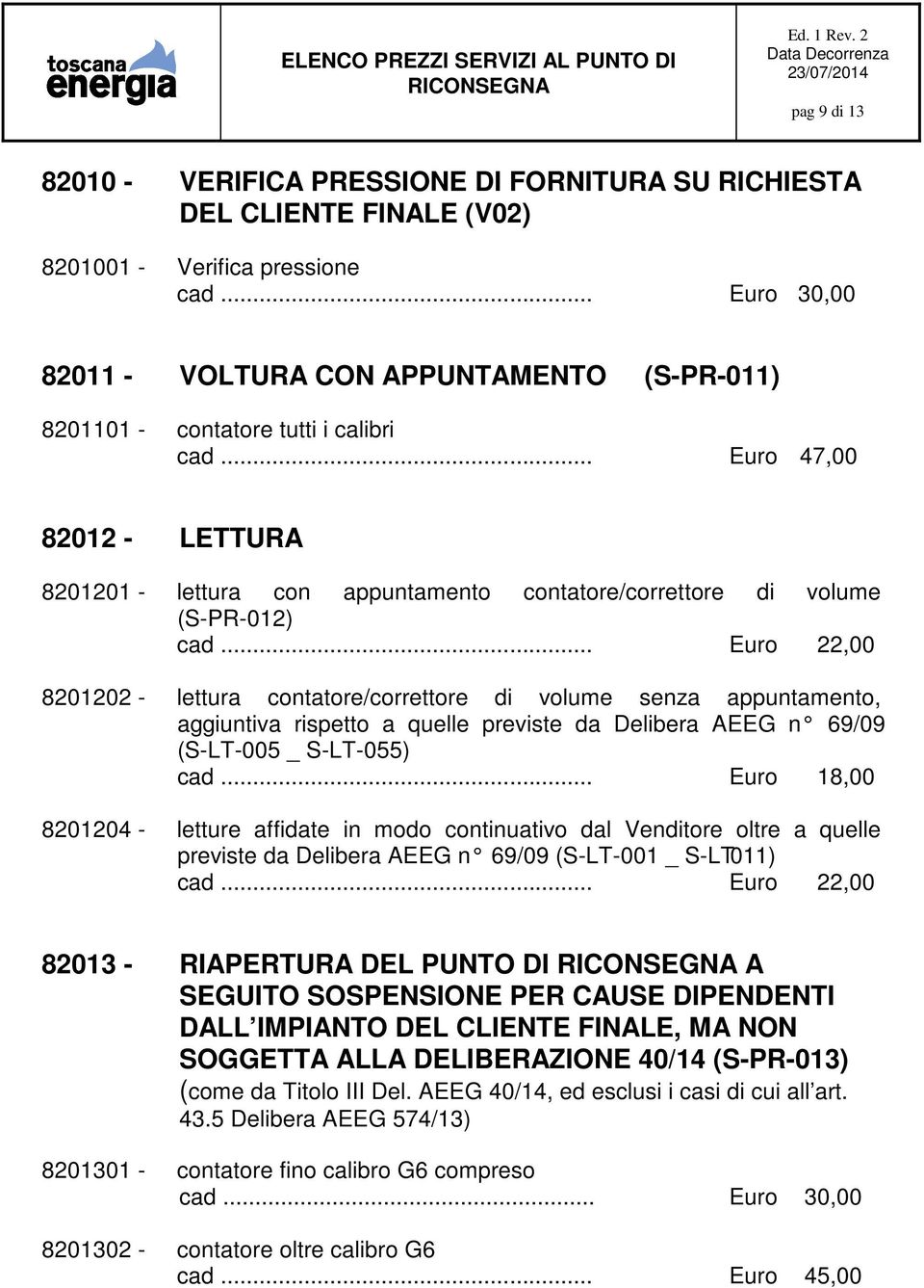 .. Euro 47,00 82012 - LETTURA 8201201 - lettura con appuntamento contatore/correttore di volume (S-PR-012) cad.