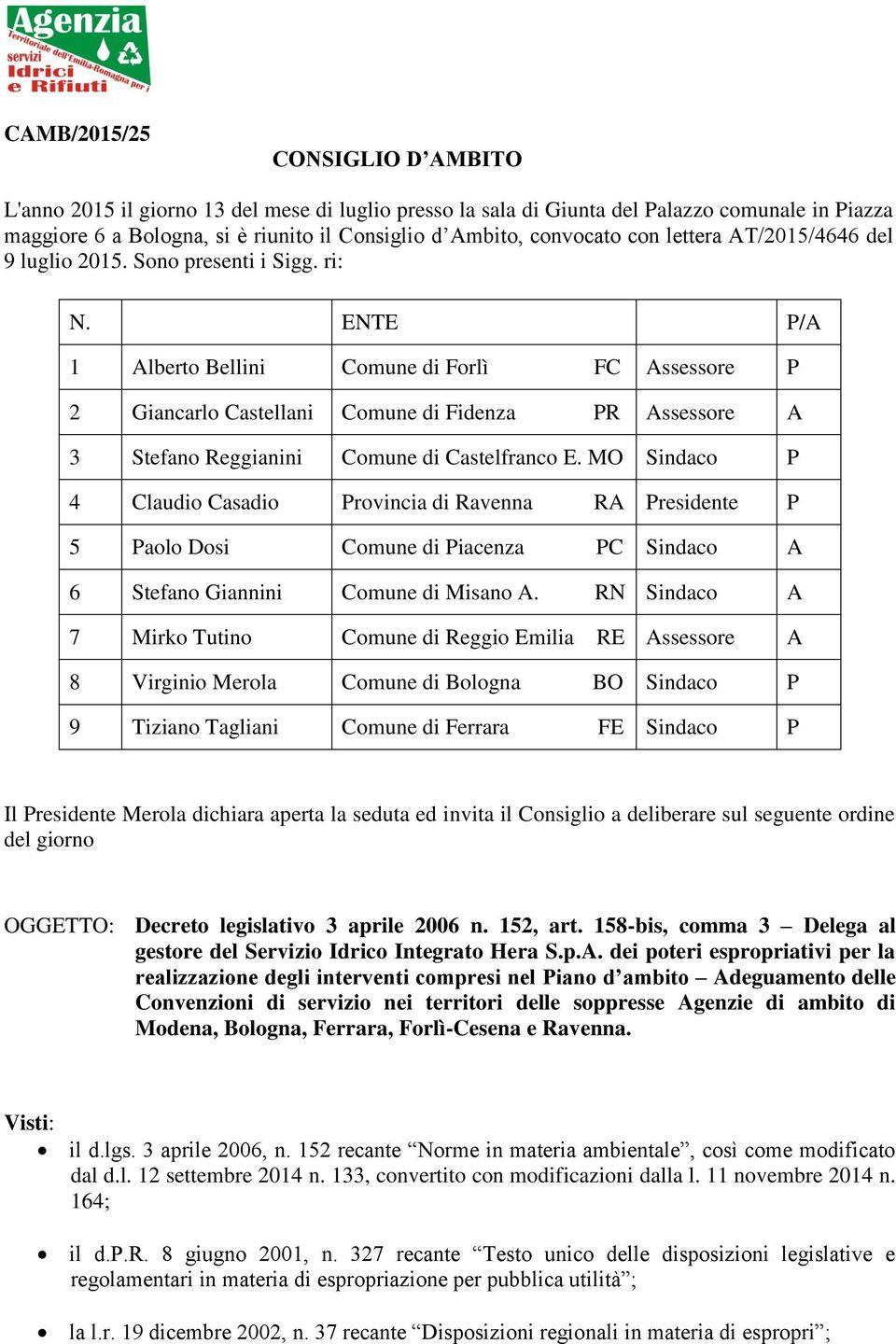 ENTE P/A 1 Alberto Bellini Comune di Forlì FC Assessore P 2 Giancarlo Castellani Comune di Fidenza PR Assessore A 3 Stefano Reggianini Comune di Castelfranco E.