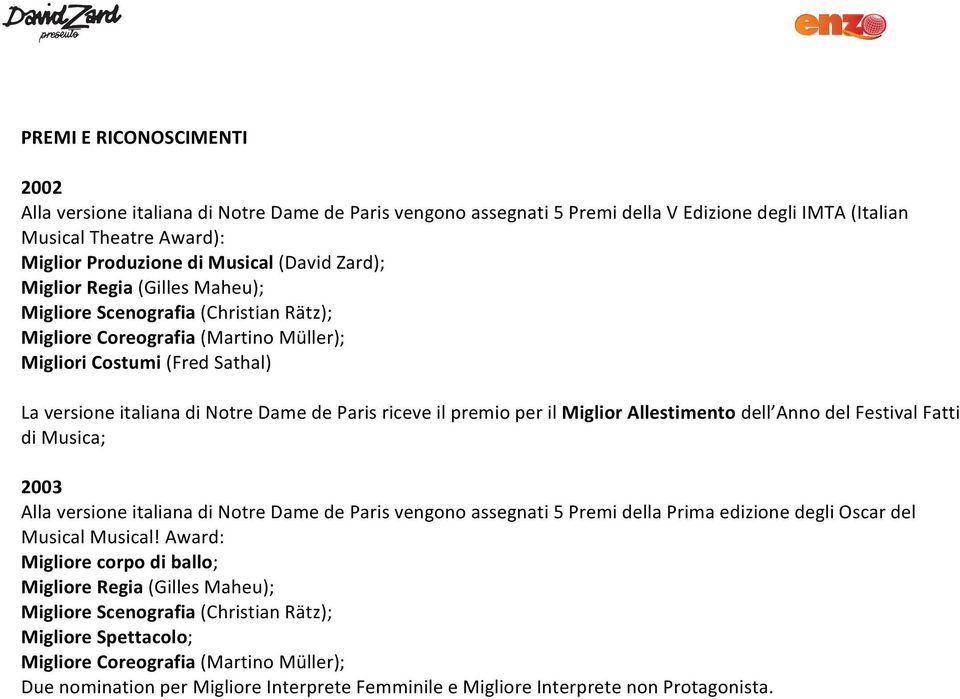 premio per il Miglior Allestimento dell Anno del Festival Fatti di Musica; 2003 Alla versione italiana di Notre Dame de Paris vengono assegnati 5 Premi della Prima edizione degli Oscar del Musical