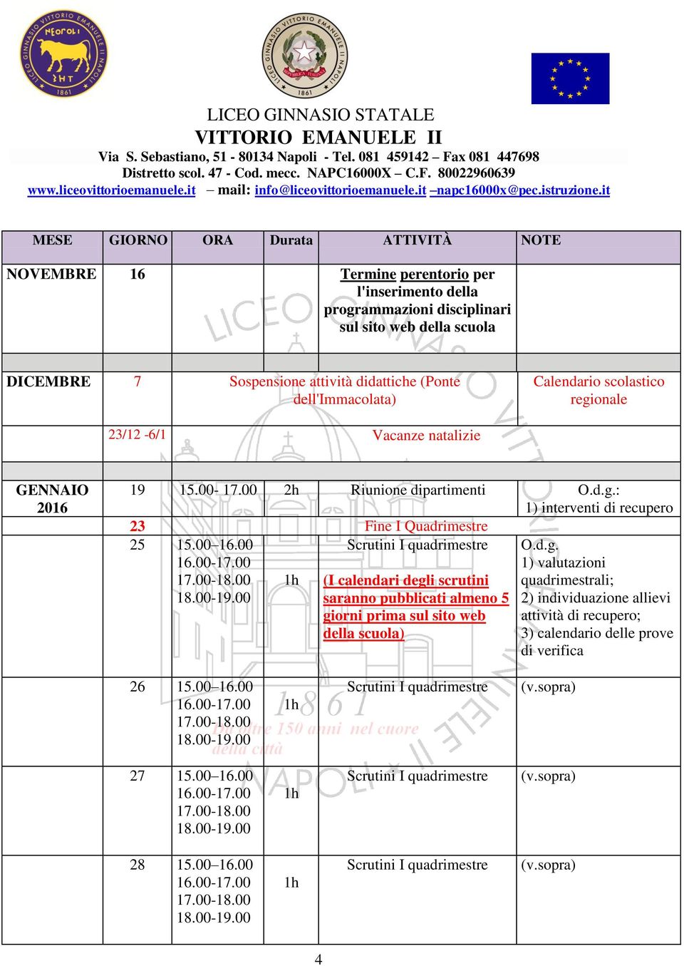 00 Riunione dipartimenti : 1) interventi di recupero 23 Fine I Quadrimestre 25 15.00 16.