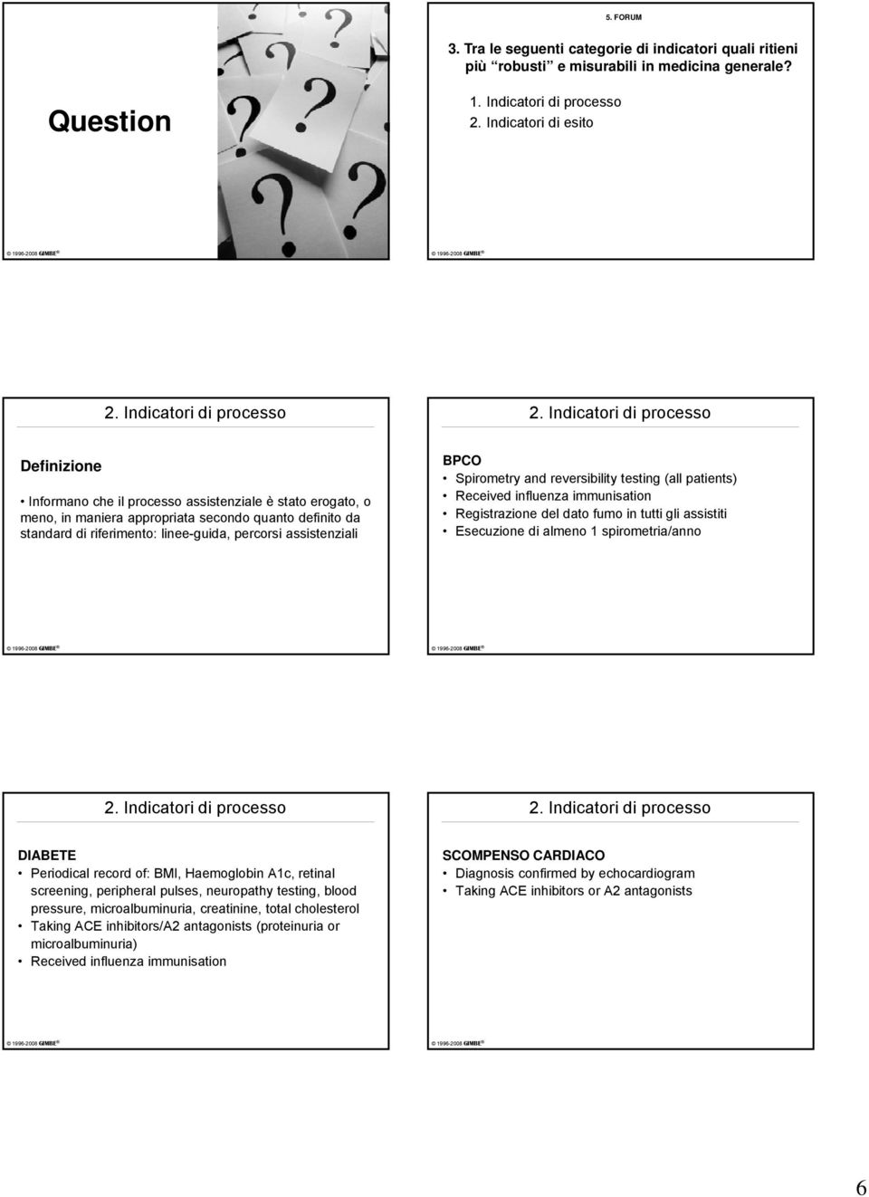 assistenziali BPCO Spirometry and reversibility testing (all patients) Received influenza immunisation Registrazione del dato fumo in tutti gli assistiti Esecuzione di almeno 1 spirometria/anno