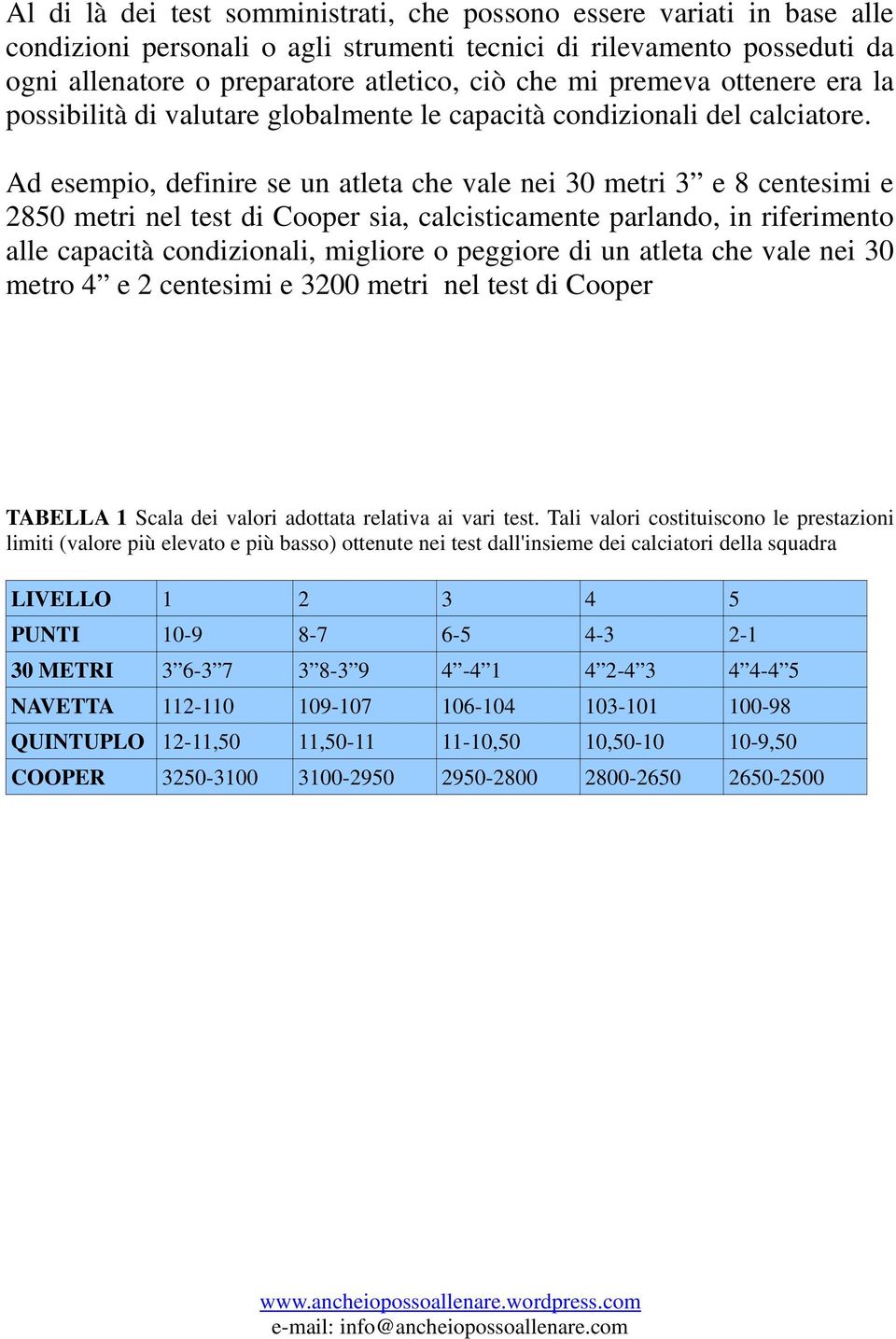 Ad esempio, definire se un atleta che vale nei 30 3 e 8 centesimi e 2850 nel test di Cooper sia, calcisticamente parlando, in riferimento alle capacità condizionali, migliore o peggiore di un atleta