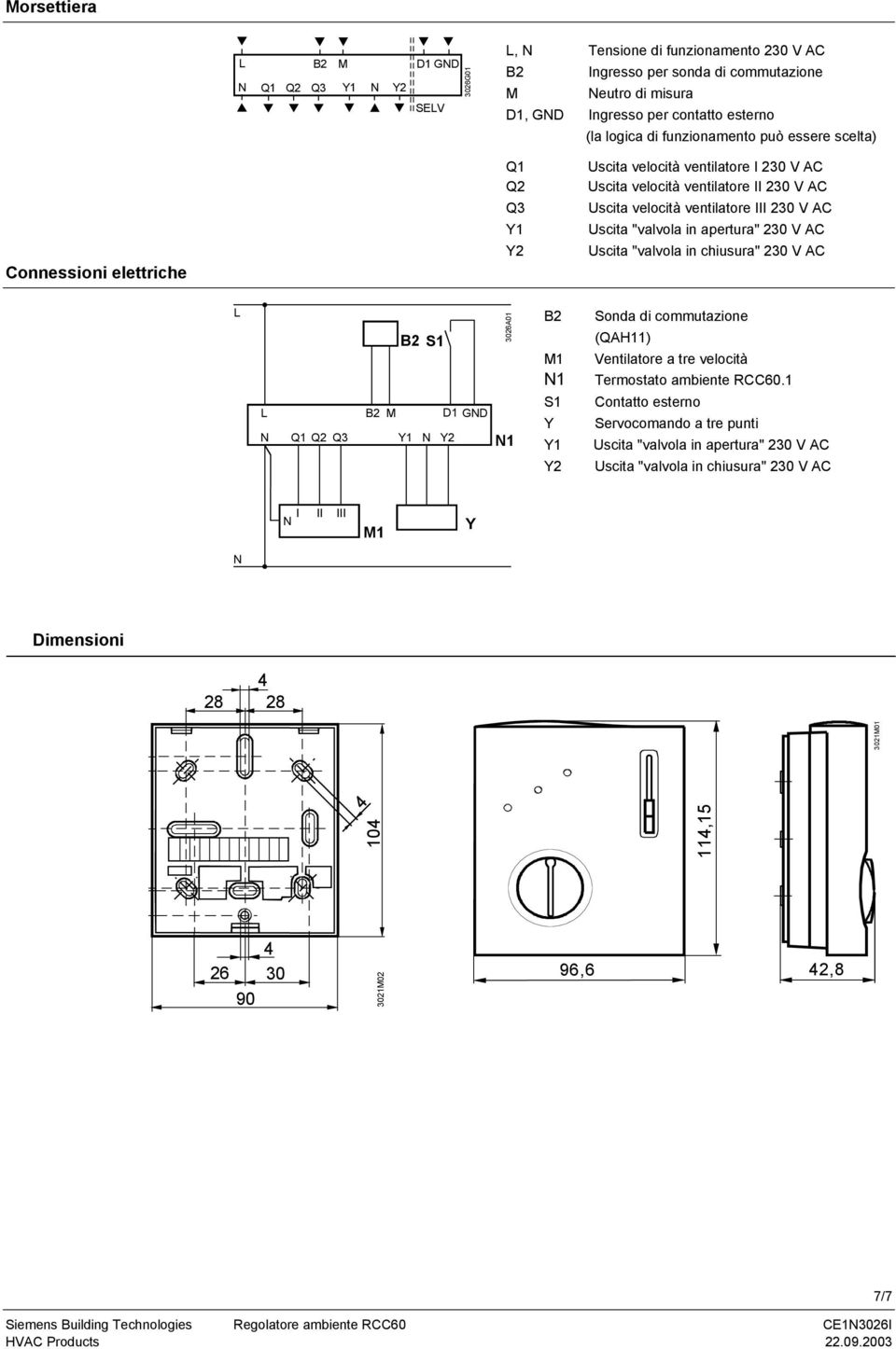 AC Uscita "valvola in apertura" 230 V AC Uscita "valvola in chiusura" 230 V AC L B2 S1 L B2 M D1 GND N Q1 Q2 Q3 Y1 N Y2 3026A01 N1 B2 Sonda di commutazione (QAH11) M1 Ventilatore a tre velocità N1