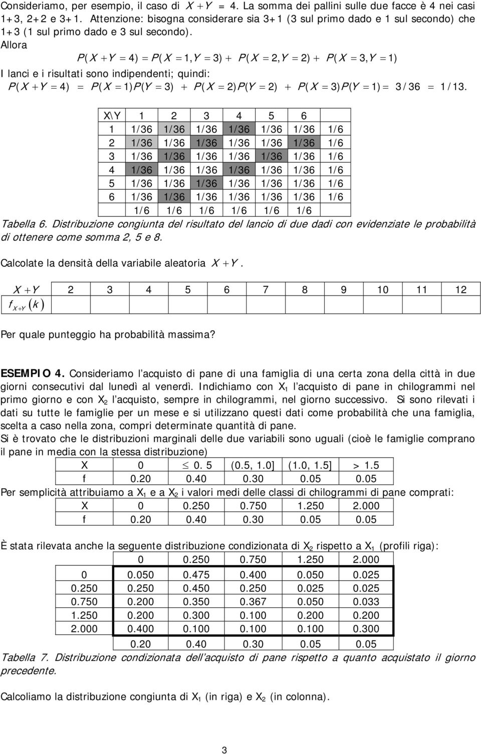 Allora P( X + Y = 4) = P( X = 1, Y = 3) + P( X = 2, Y = 2) + P( X = 3, Y = 1) I lanci e i risultati sono indipendenti; quindi: P( X + Y = 4) = P( X = 1) P( Y = 3) + P( X = 2) P( Y = 2) + P( X = 3) P(