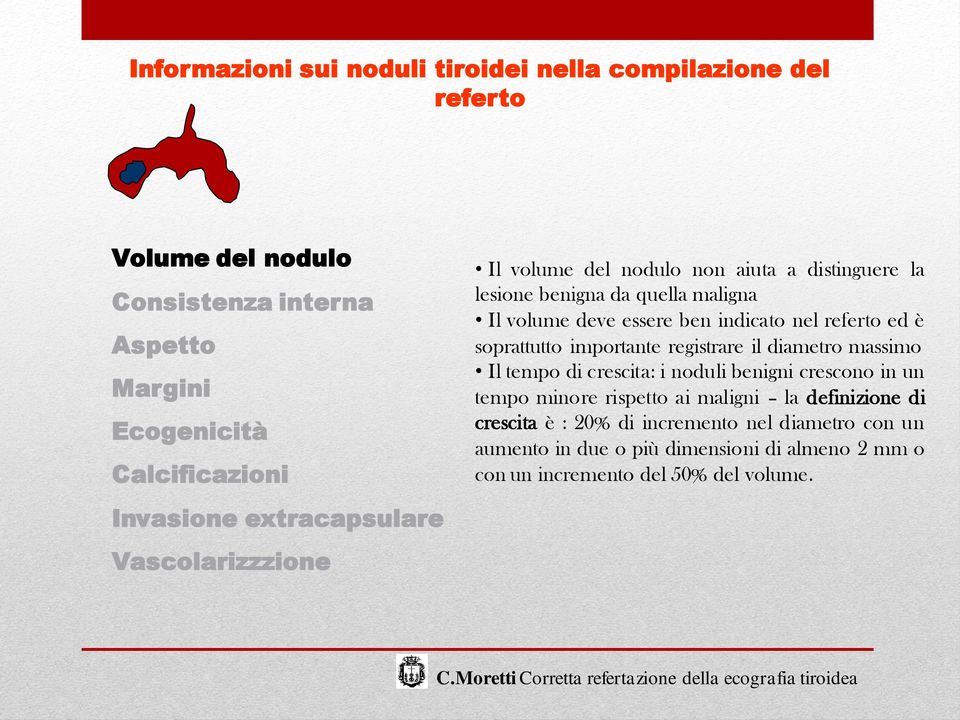 referto ed è soprattutto importante registrare il diametro massimo Il tempo di crescita: i noduli benigni crescono in un tempo minore rispetto ai maligni