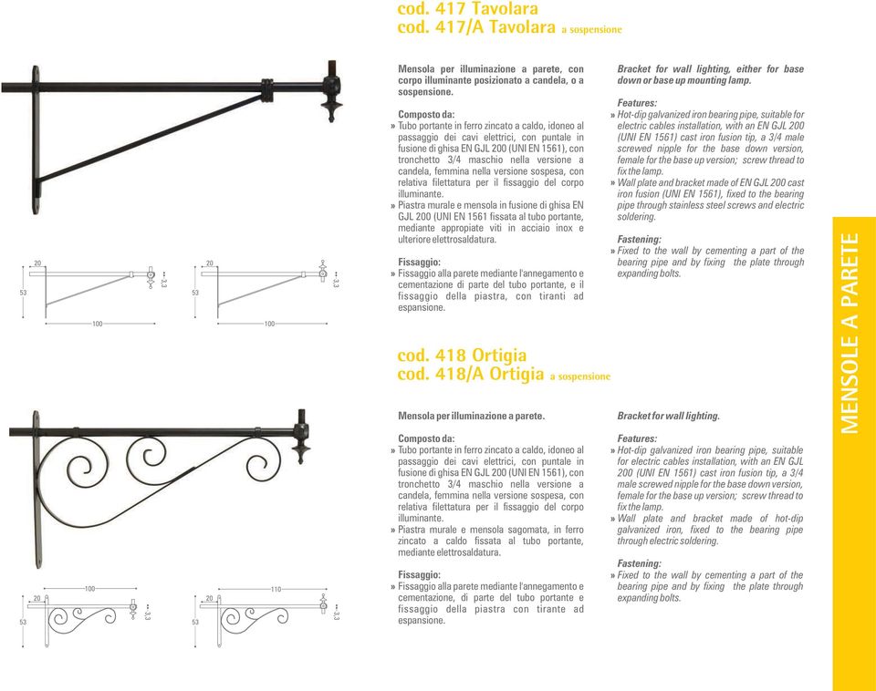 fissaggio della piastra con tirante ad for electric cables installation, with an EN GJL 0 (UNI EN 1561) cast iron fusion tip, a 3/4 male screwed nipple for the base down version,» Wall plate and