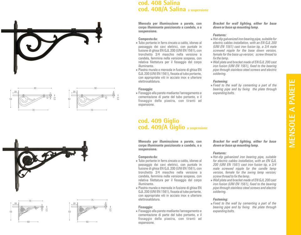 tip, a 3/4 male screwed nipple for the base down version,» Wall plate and bracket made of EN GJL 0 cast 0 (UNI EN 1561) cast iron fusion tip, a