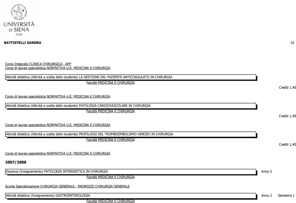 (Attività a scelta dello studente) PROFILASSI DEL TROMBOEMBOLISMO VENOSO IN CHIRURGIA 2007/2008 Docenza (Insegnamento) PATOLOGIA INTERNISTICA IN