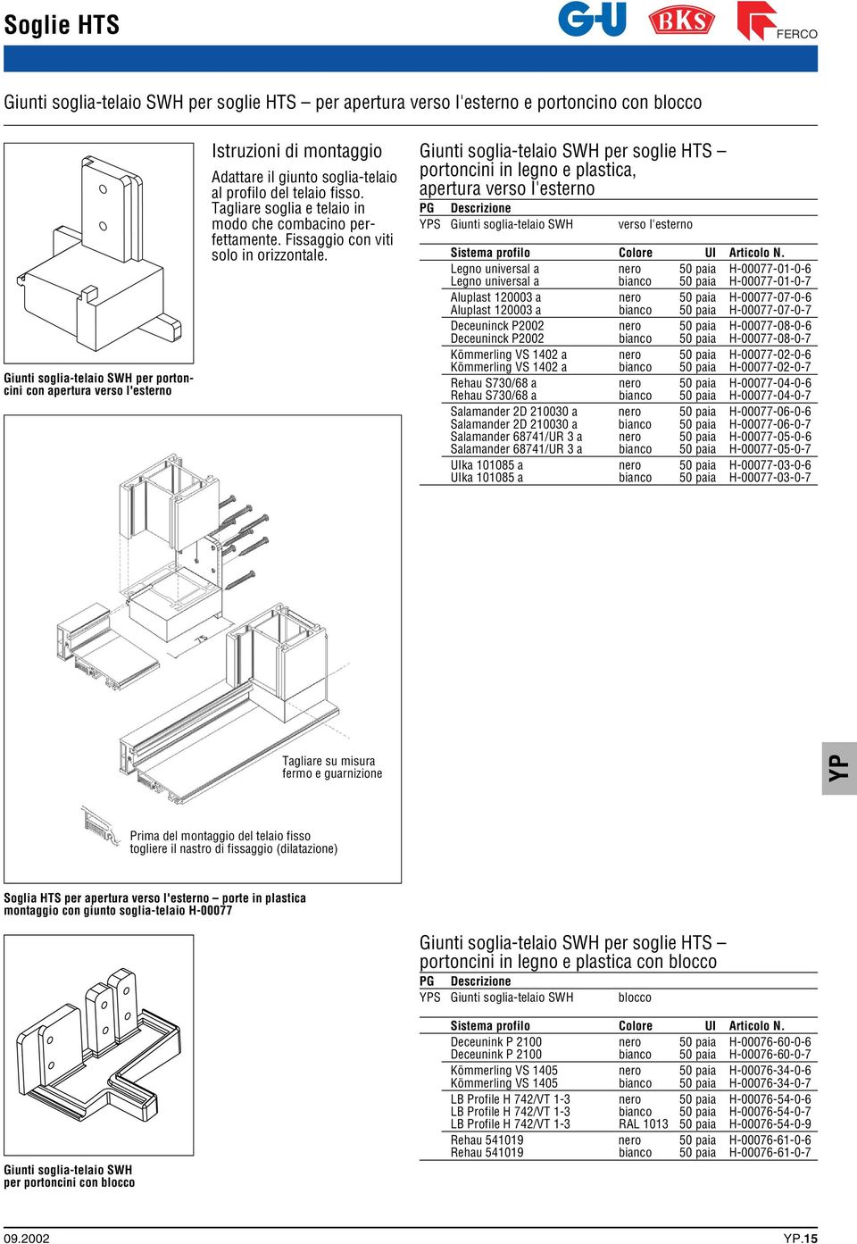 Giunti soglia-telaio SWH per soglie HTS portoncini in legno e plastica, apertura verso l'esterno PG Descrizione S Giunti soglia-telaio SWH verso l'esterno Sistema profilo Colore UI Articolo N.
