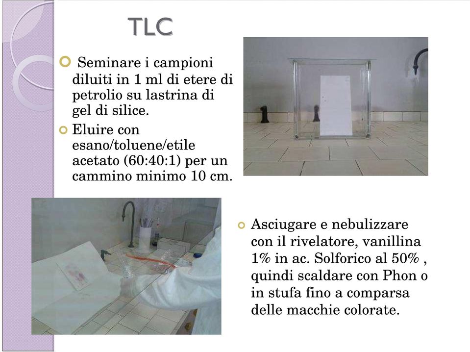 Eluire con esano/toluene/etile acetato (60:40:1) per un cammino minimo 10 cm.