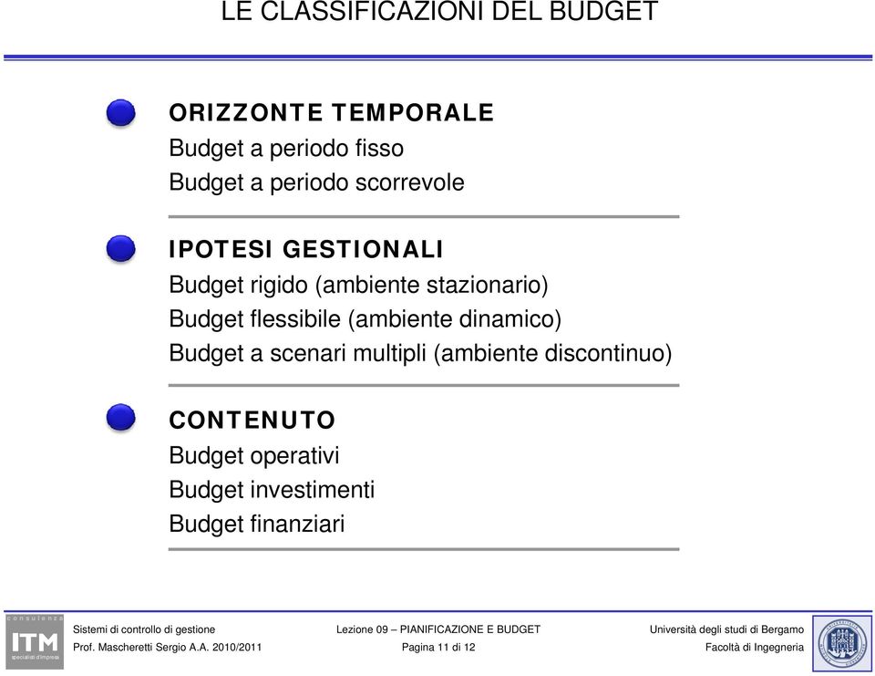Budget flessibile (ambiente dinamico) Budget a scenari multipli (ambiente