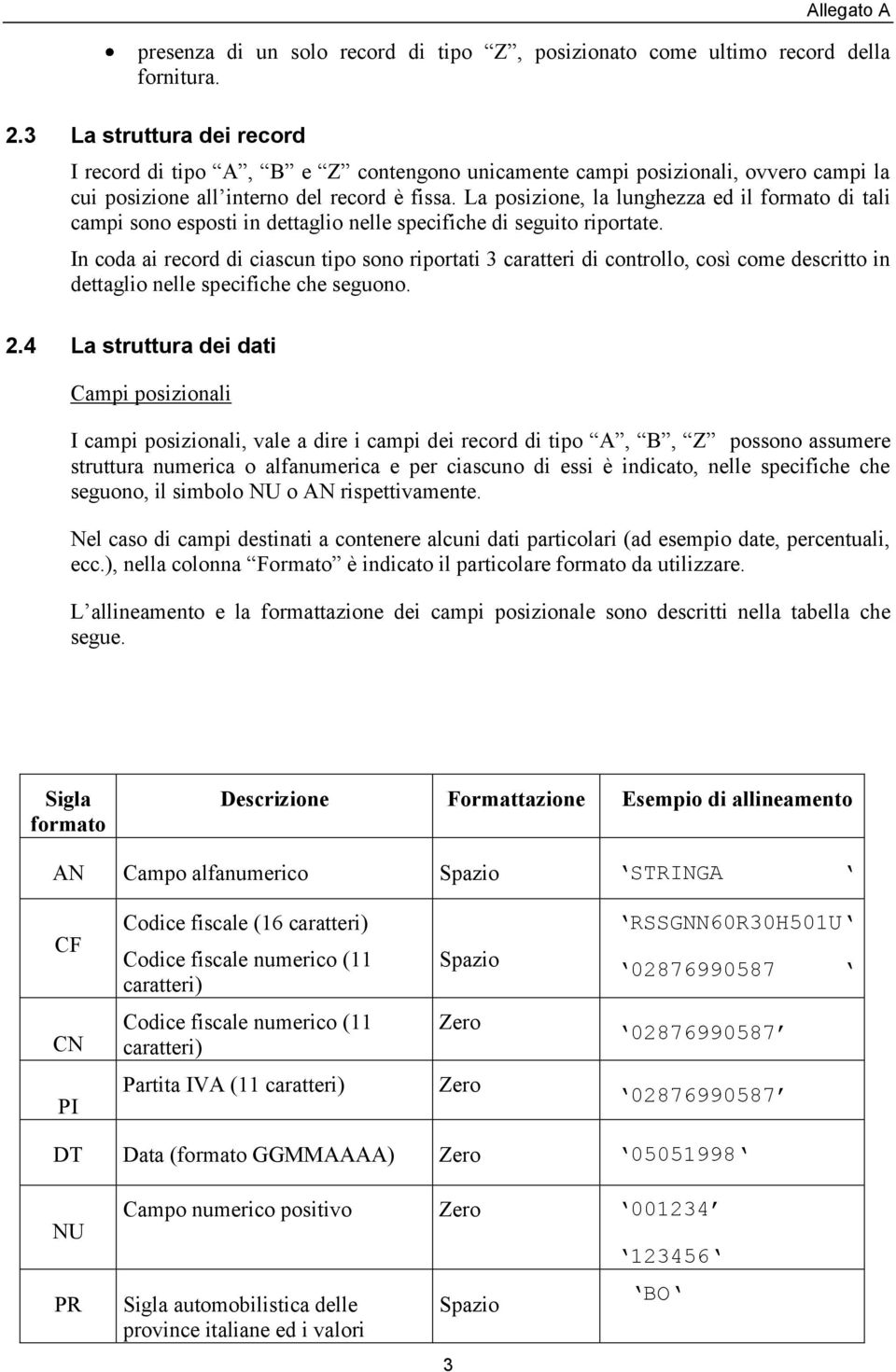 La posizione, la lunghezza ed il formato di tali campi sono esposti in dettaglio nelle specifiche di seguito riportate.