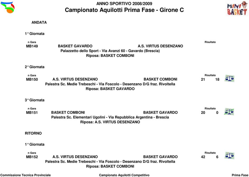 Rivoltella Riposa: BASKET GAVARDO MB151 BASKET COMBONI BASKET GAVARDO 20 0 Palestra Sc. Elementari Ugolini - Via Repubblica Argentina - Brescia Riposa: A.S. VIRTUS DESENZANO RITORNO MB152 A.