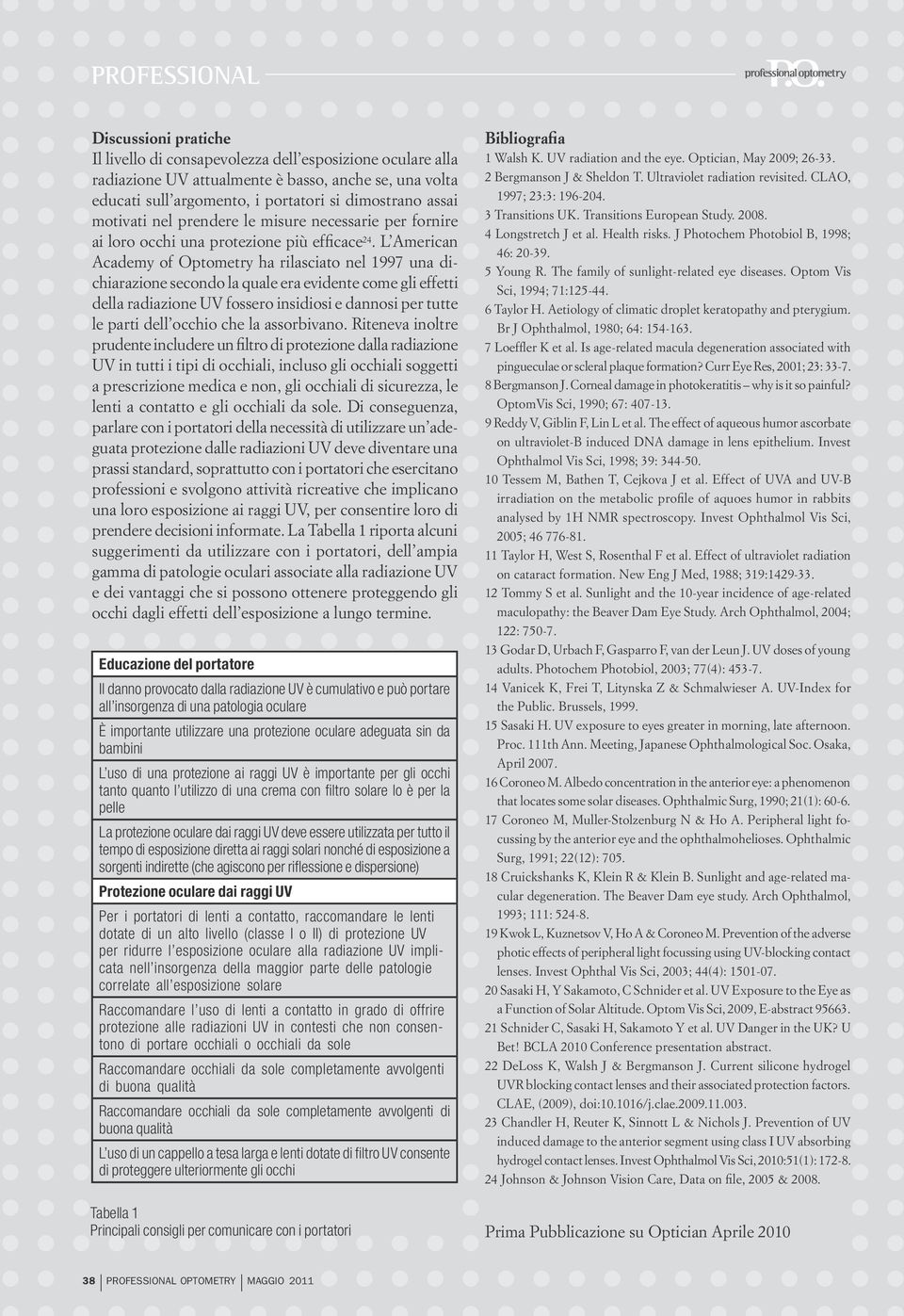 L American Academy of Optometry ha rilasciato nel 1997 una dichiarazione secondo la quale era evidente come gli effetti della radiazione UV fossero insidiosi e dannosi per tutte le parti dell occhio