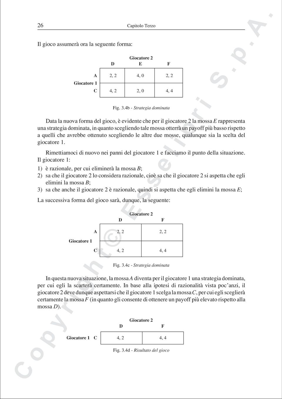 rispetto a quelli che avrebbe ottenuto scegliendo le altre due mosse, qualunque sia la scelta del giocatore 1. Rimettiamoci di nuovo nei panni del giocatore 1 e facciamo il punto della situazione.