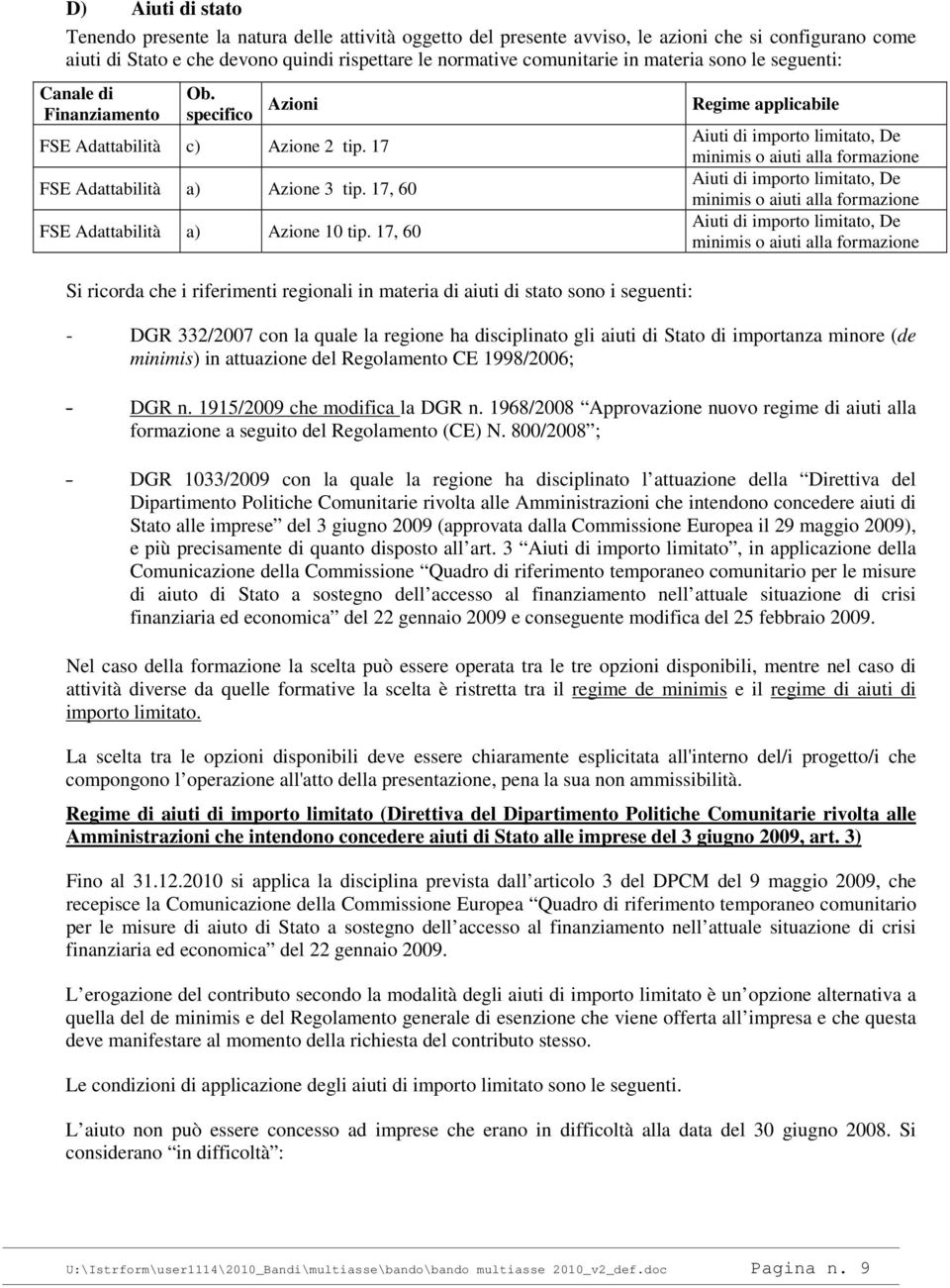 17, 60 Si ricorda che i riferimenti regionali in materia di aiuti di stato sono i seguenti: Regime applicabile Aiuti di importo limitato, De minimis o aiuti alla formazione Aiuti di importo limitato,