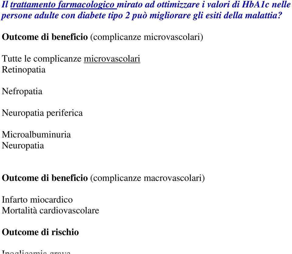 Outcome di beneficio (complicanze microvascolari) Tutte le complicanze microvascolari Retinopatia Nefropatia