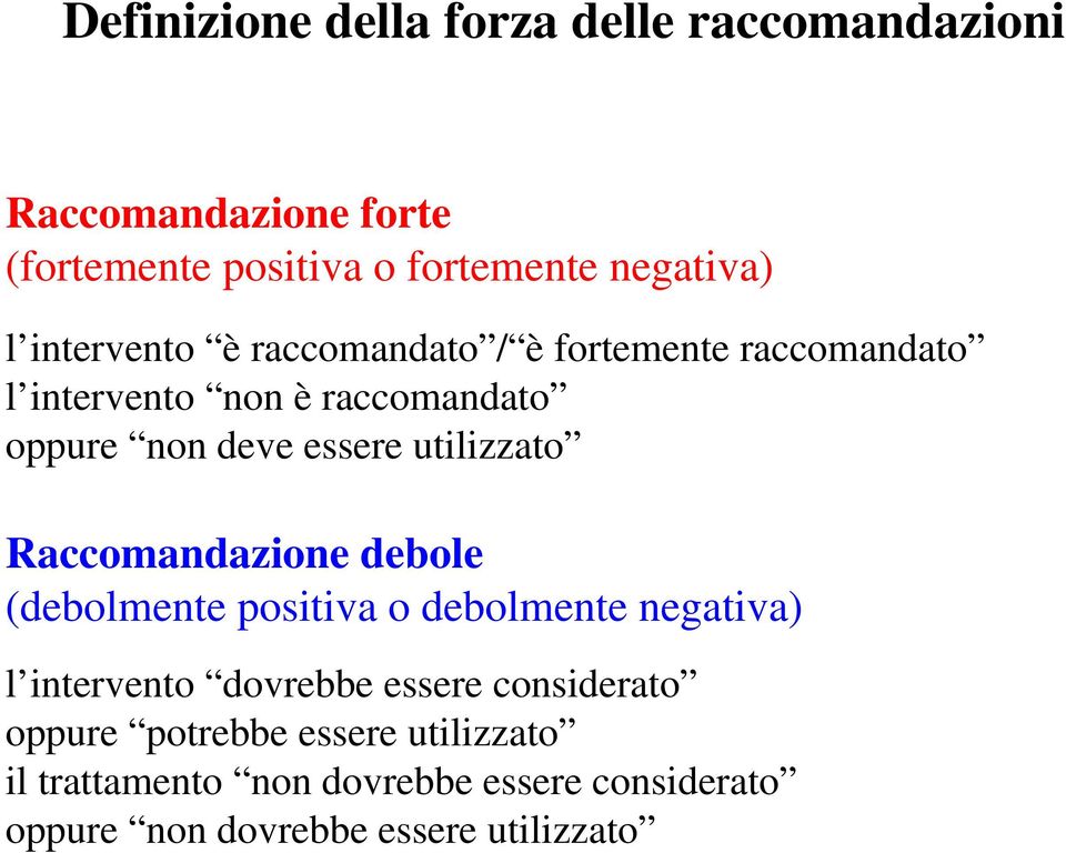 utilizzato Raccomandazione debole (debolmente positiva o debolmente negativa) l intervento dovrebbe essere