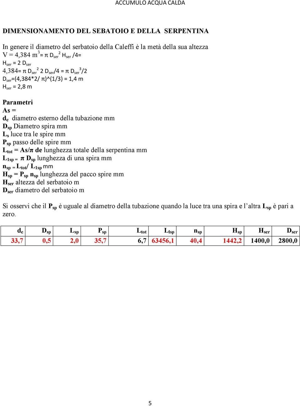 L tot = As/π de lunghezza totale della serpentina mm L 1sp = π D sp lunghezza di una spira mm n sp = L tot / L 1sp mm H sp = P sp n sp lunghezza del pacco spire mm H ser altezza del serbatoio m D ser