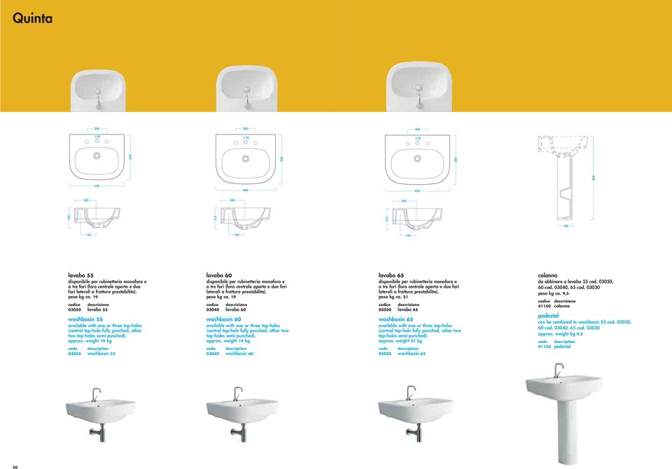 weight 19 kg 03050 washbasin 55 lavabo 60 disponibile per rubinetteria monoforo e a tre fori (foro centrale aperto e due fori laterali a frattura prestabilita). peso kg ca.