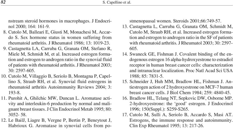 Increased estrogen formation and estrogen to androgen ratio in the synovial fluid of patients with rheumatoid arthritis. J Rheumatol 2003; 30: 2597-605. 10.