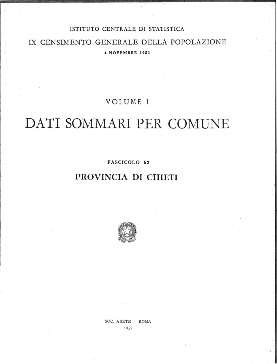 NOVEMBRE 1951 VOLUME I DATI SOMMARI PER