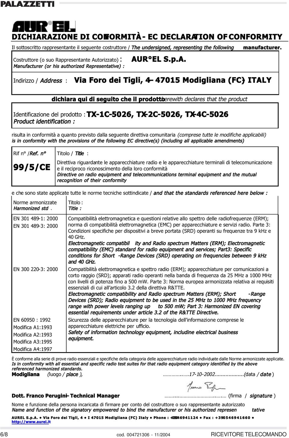 Indirizzo / Address : Via Foro dei Tigli, 4 47015 Modigliana (FC)- ITALY dichiara qui di seguito che il prodottoherewith declares that the product Identificazione del prodotto : TX-1C-5026,