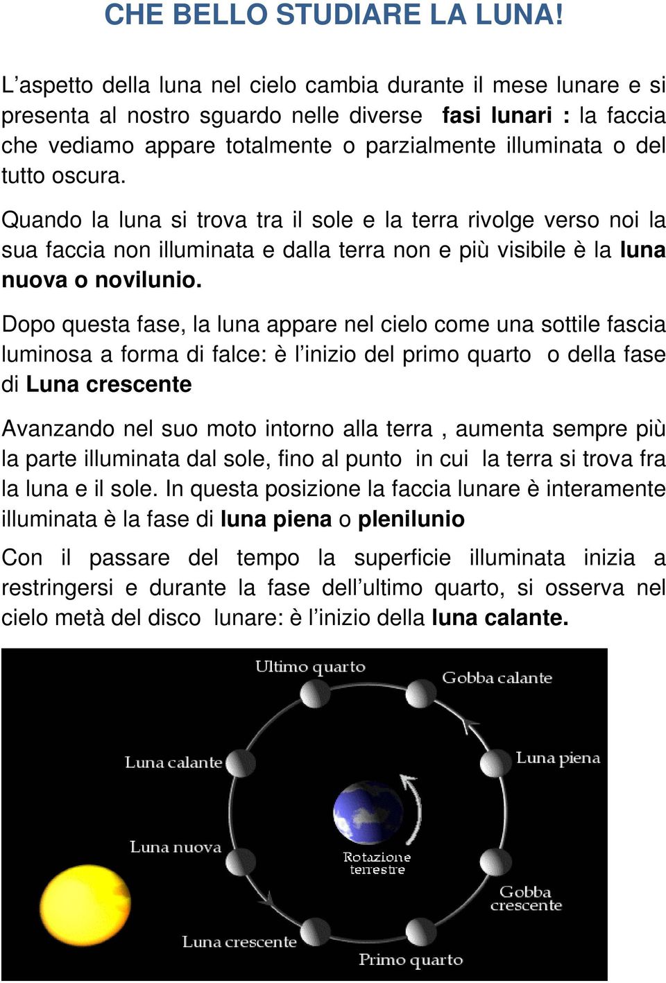 oscura. Quando la luna si trova tra il sole e la terra rivolge verso noi la sua faccia non illuminata e dalla terra non e più visibile è la luna nuova o novilunio.