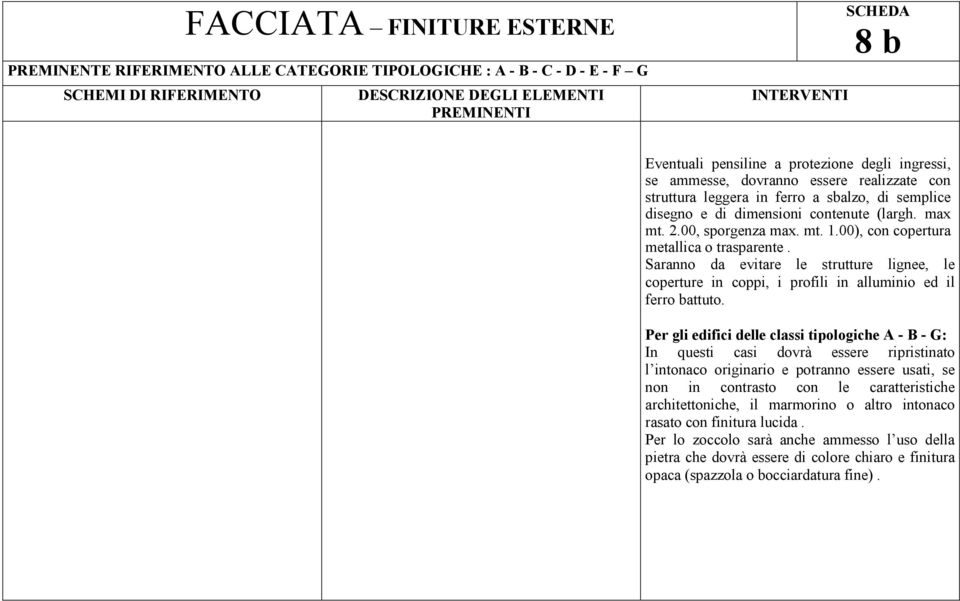 Saranno da evitare le strutture lignee, le coperture in coppi, i profili in alluminio ed il ferro battuto.