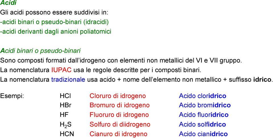 La nomenclatura tradizionale usa acido + nome dell elemento non metallico + suffisso idrico.