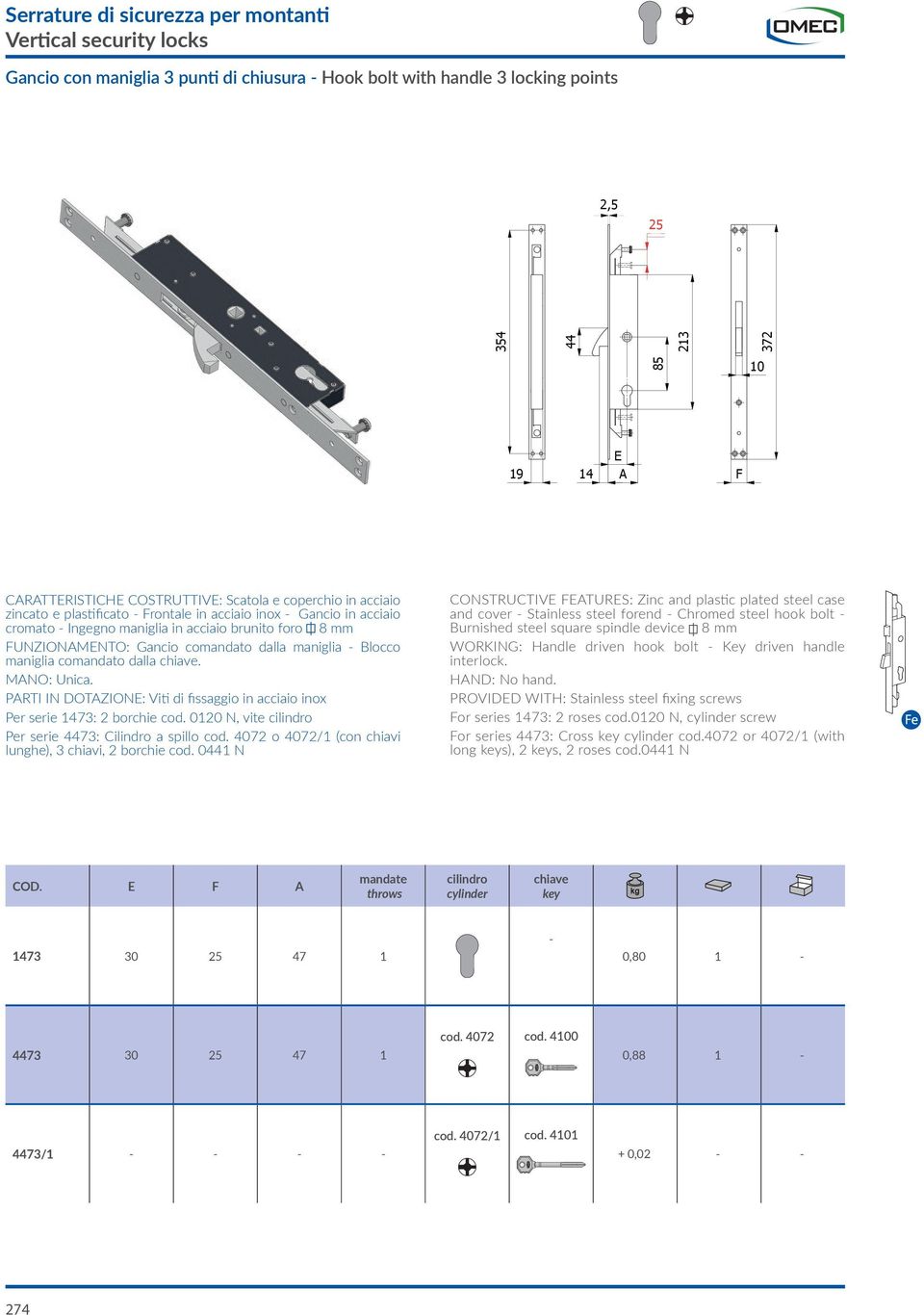 Blocco maniglia comandato dalla chiave. PRTI IN DOTZION: Viti di fissaggio in acciaio inox Per serie 1473: 2 borchie cod. 0120 N, vite cilindro Per serie 4473: Cilindro a spillo cod.