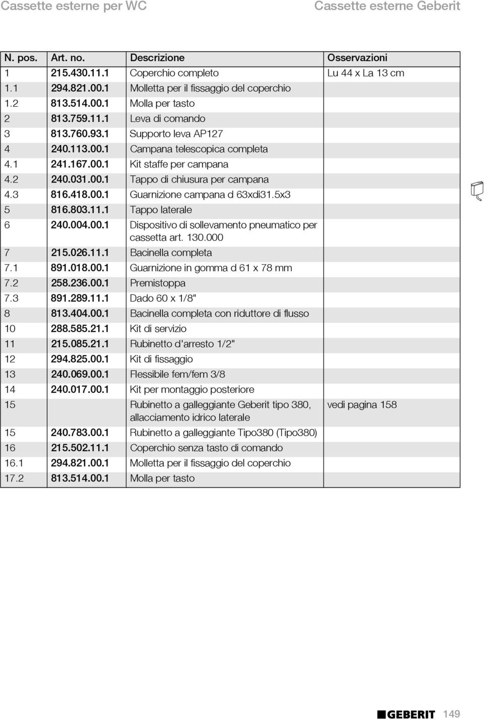 2 240.031.00.1 Tappo di chiusura per campana 4.3 816.418.00.1 Guarnizione campana d 63xdi31.5x3 5 816.803.11.1 Tappo laterale 6 240.004.00.1 Dispositivo di sollevamento pneumatico per cassetta art.