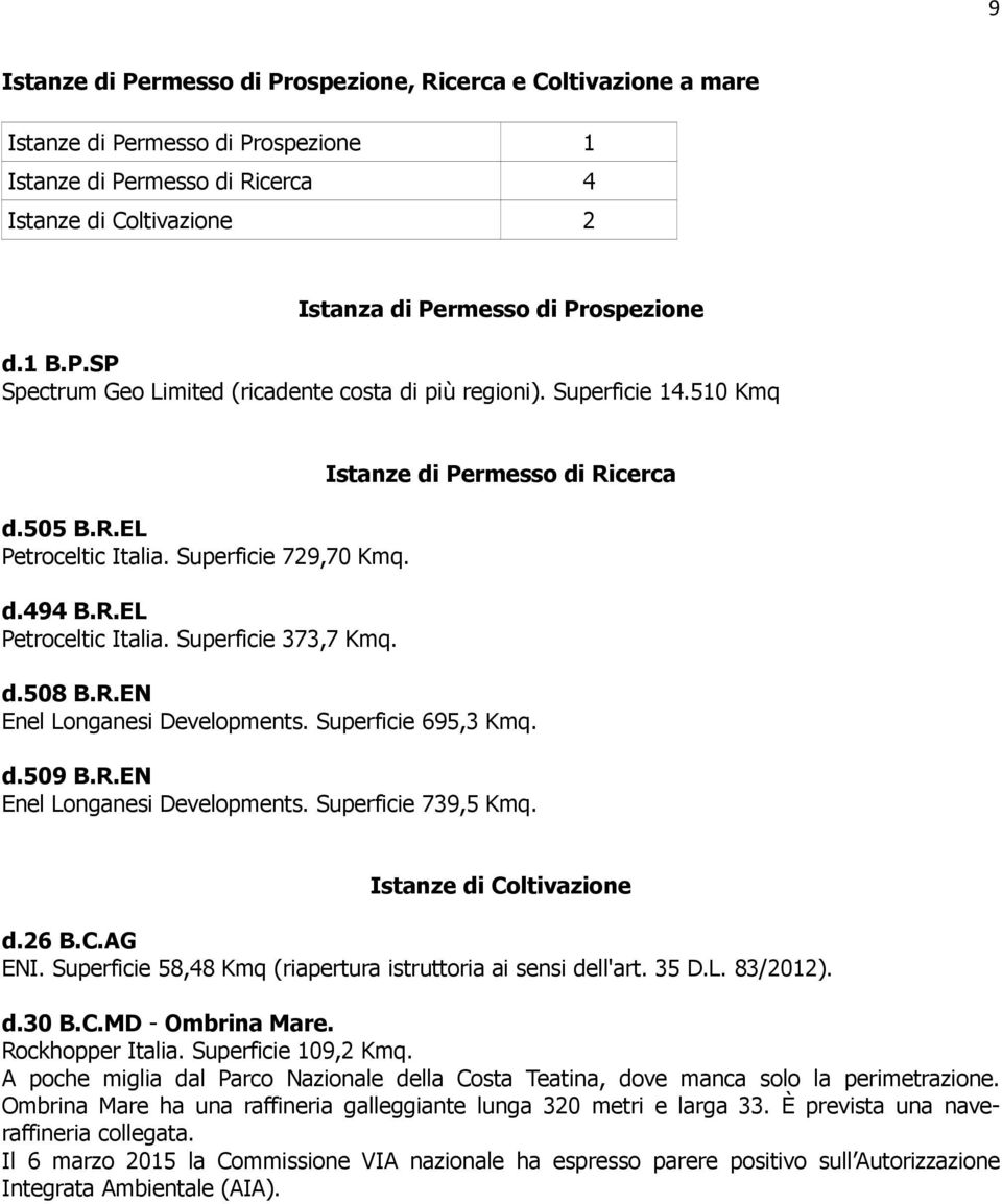 Istanze di Permesso di Ricerca d.508 B.R.EN Enel Longanesi Developments. Superficie 695,3 Kmq. d.509 B.R.EN Enel Longanesi Developments. Superficie 739,5 Kmq. Istanze di Coltivazione d.26 B.C.AG ENI.