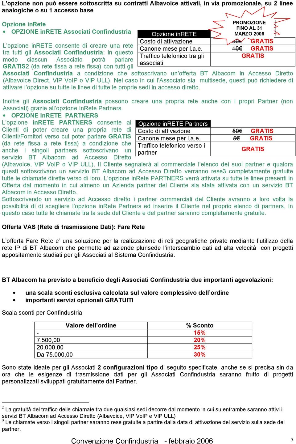 condizione che sottoscrivano un offerta BT Albacom in Accesso Diretto (Albavoice Direct, VIP VoIP o VIP ULL).