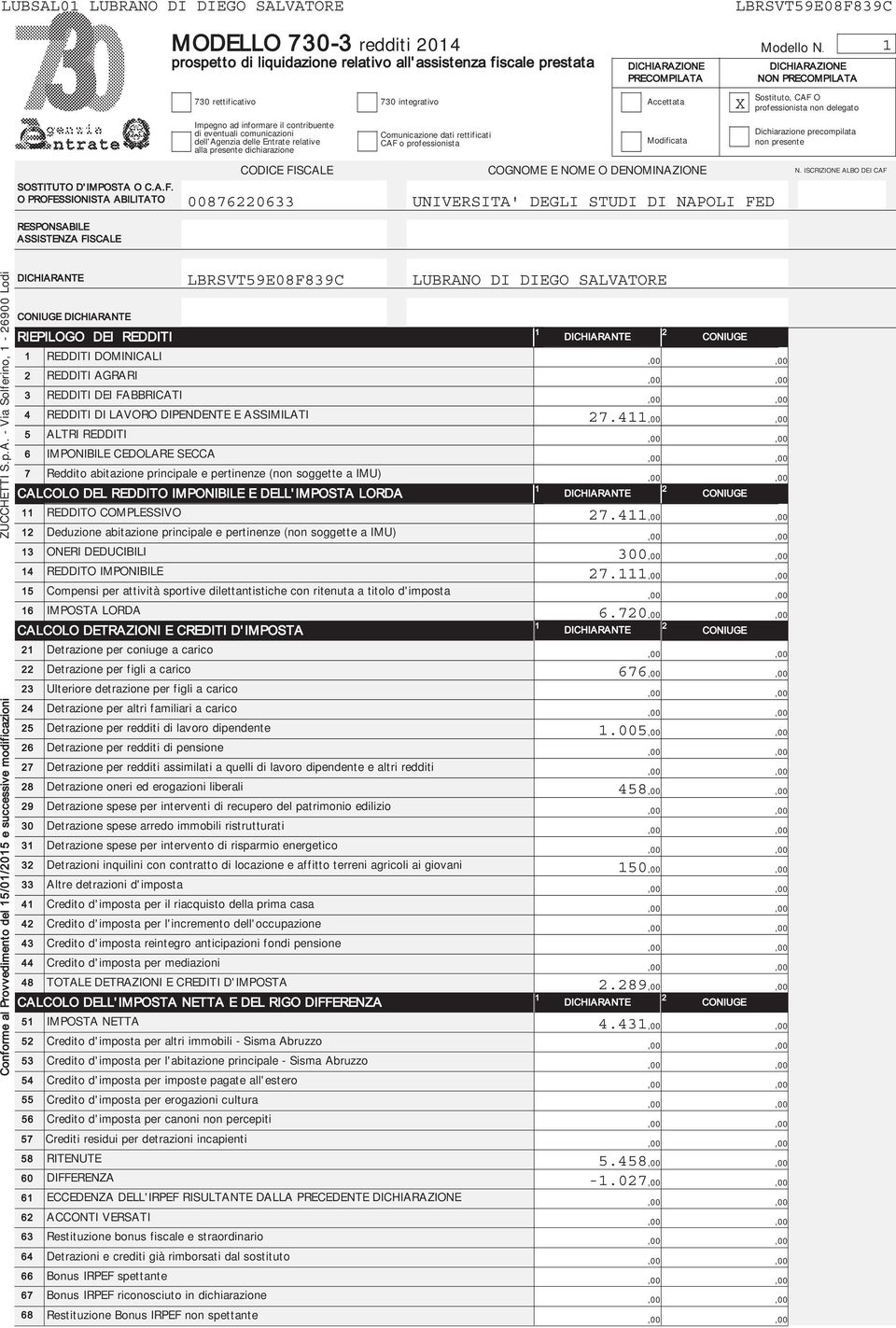 contribuente di eventuali comunicazioni dell'agenzia delle Entrate relative alla presente dichiarazione CODICE FISCALE 730 integrativo Comunicazione dati rettificati CAF o professionista