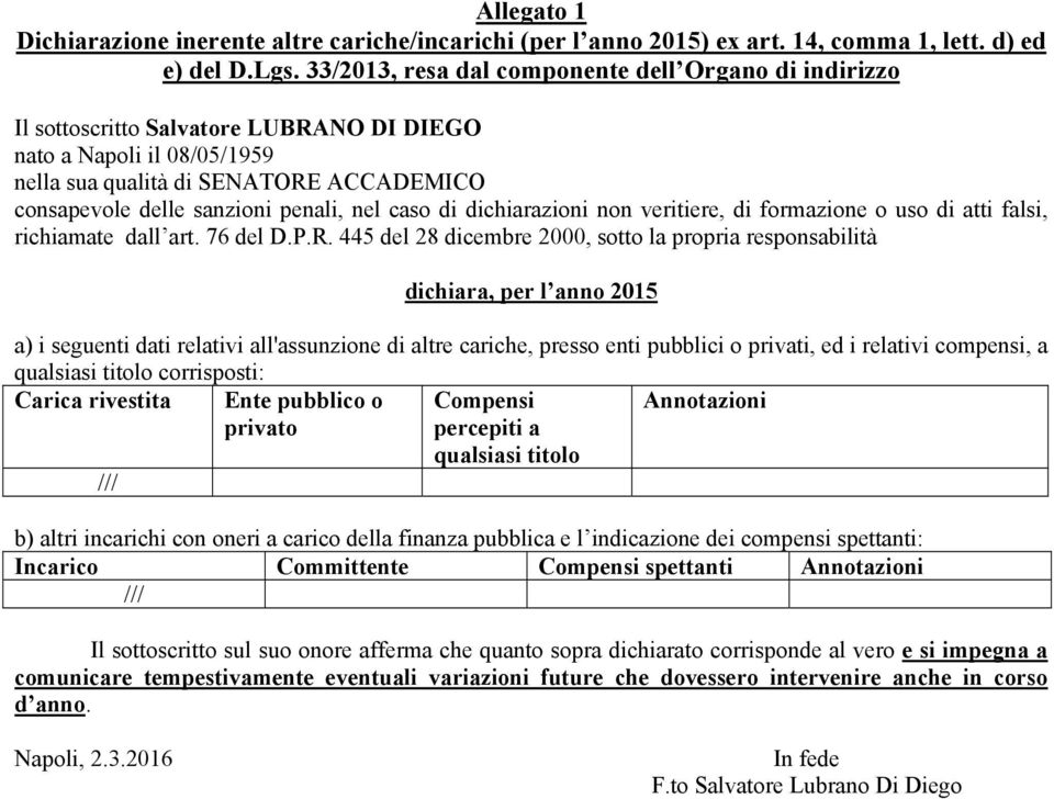 445 del 8 dicembre 000, sotto la propria responsabilità dichiara, per l anno 05 a) i seguenti dati relativi all'assunzione di altre cariche, presso enti pubblici o privati, ed i relativi compensi, a