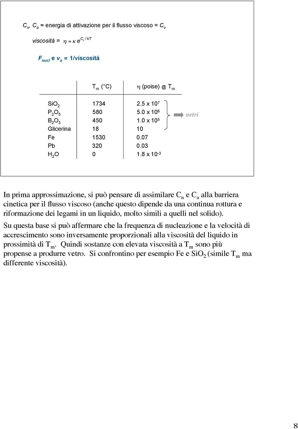 8 x 10-3 vetri In prima approssimazione, si può pensare di assimilare C n e C a alla barriera cinetica per il flusso viscoso (anche questo dipende da una continua rottura e riformazione dei legami in