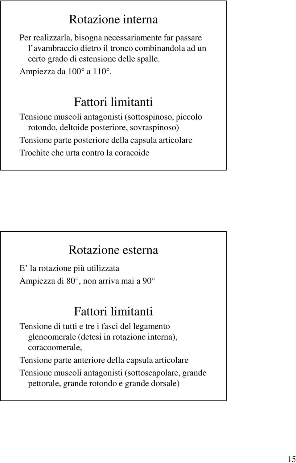 contro la coracoide Rotazione esterna E la rotazione più utilizzata Ampiezza di 80, non arriva mai a 90 Fattori limitanti Tensione di tutti e tre i fasci del legamento glenoomerale