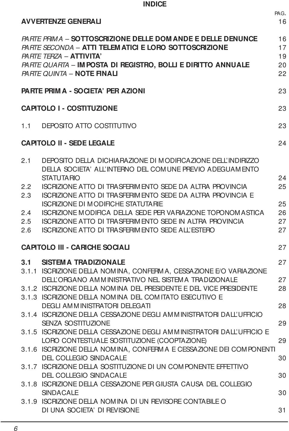 BOLLI E DIRITTO ANNUALE 20 PARTE QUINTA NOTE FINALI 22 PARTE PRIMA - SOCIETA PER AZIONI 23 CAPITOLO I - COSTITUZIONE 23 1.1 DEPOSITO ATTO COSTITUTIVO 23 CAPITOLO II - SEDE LEGALE 24 2.