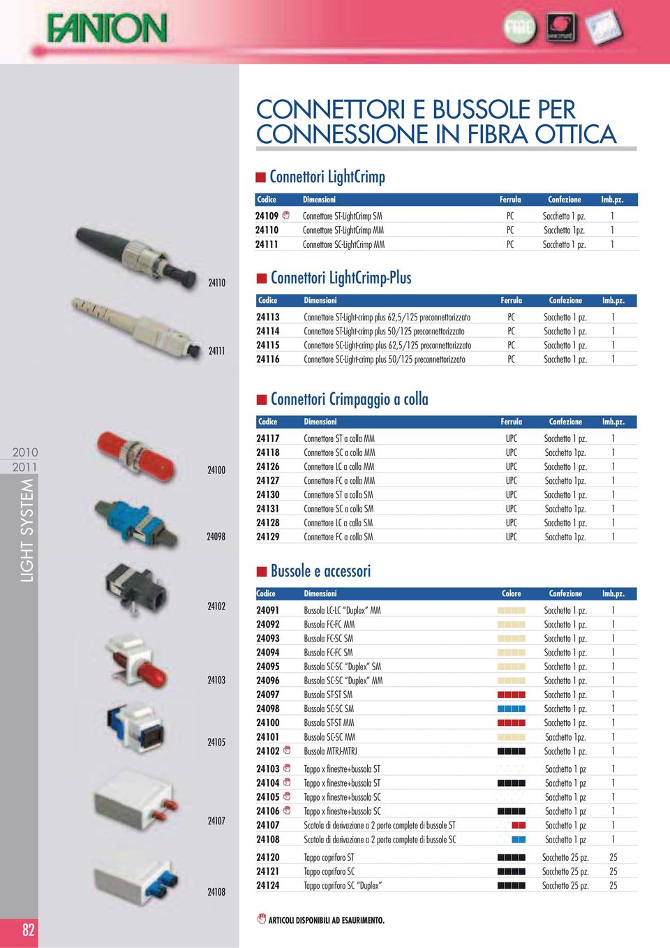 1 24114 Connettore ST-Light-crimp plus 50/125 preconnettorizzato PC Sacchetto 1 pz. 1 24115 Connettore SC-Light-crimp plus 62,5/125 preconnettorizzato PC Sacchetto 1 pz.