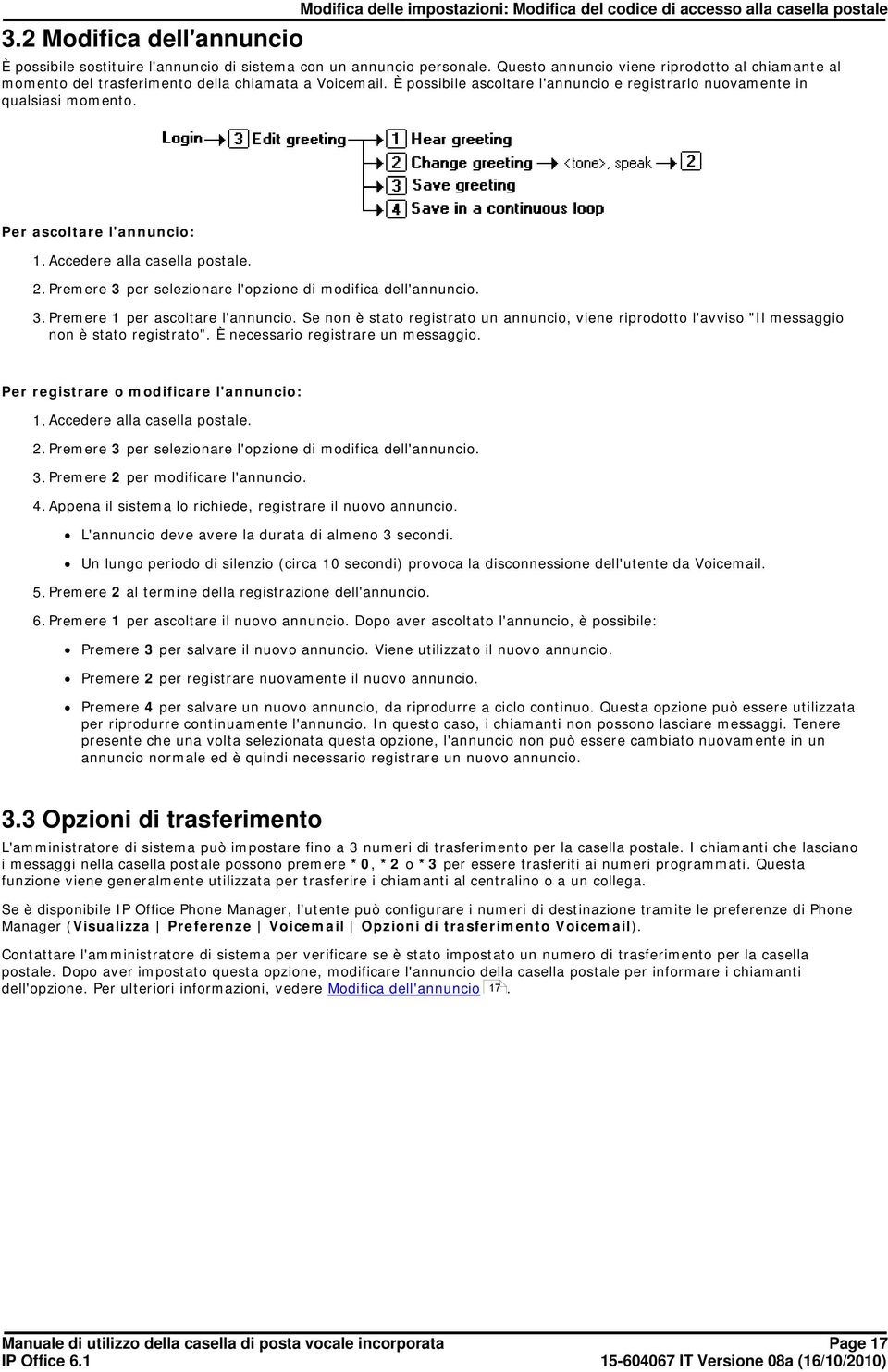 Per ascoltare l'annuncio: 1. Accedere alla casella postale. 2. Premere 3 per selezionare l'opzione di modifica dell'annuncio. 3. Premere 1 per ascoltare l'annuncio.