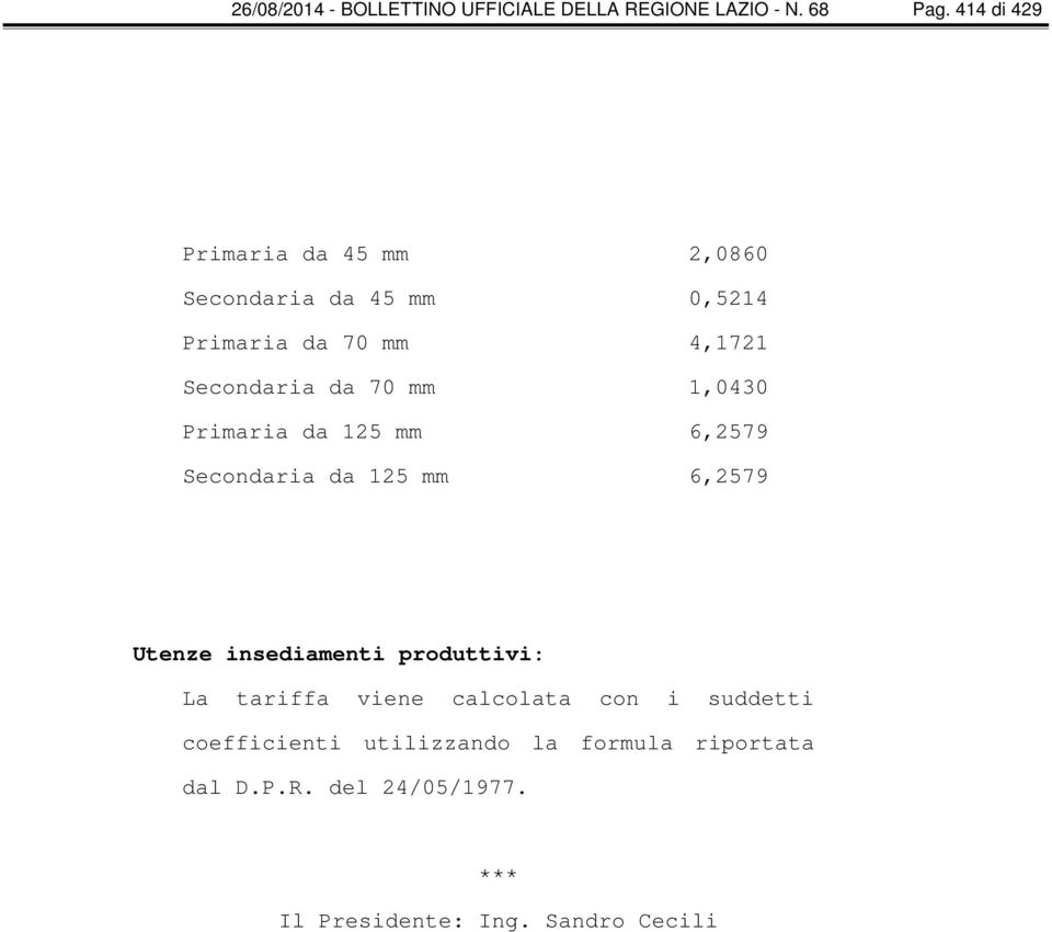 mm 1,0430 Primaria da 125 mm 6,2579 Secondaria da 125 mm 6,2579 Utenze insediamenti produttivi: La