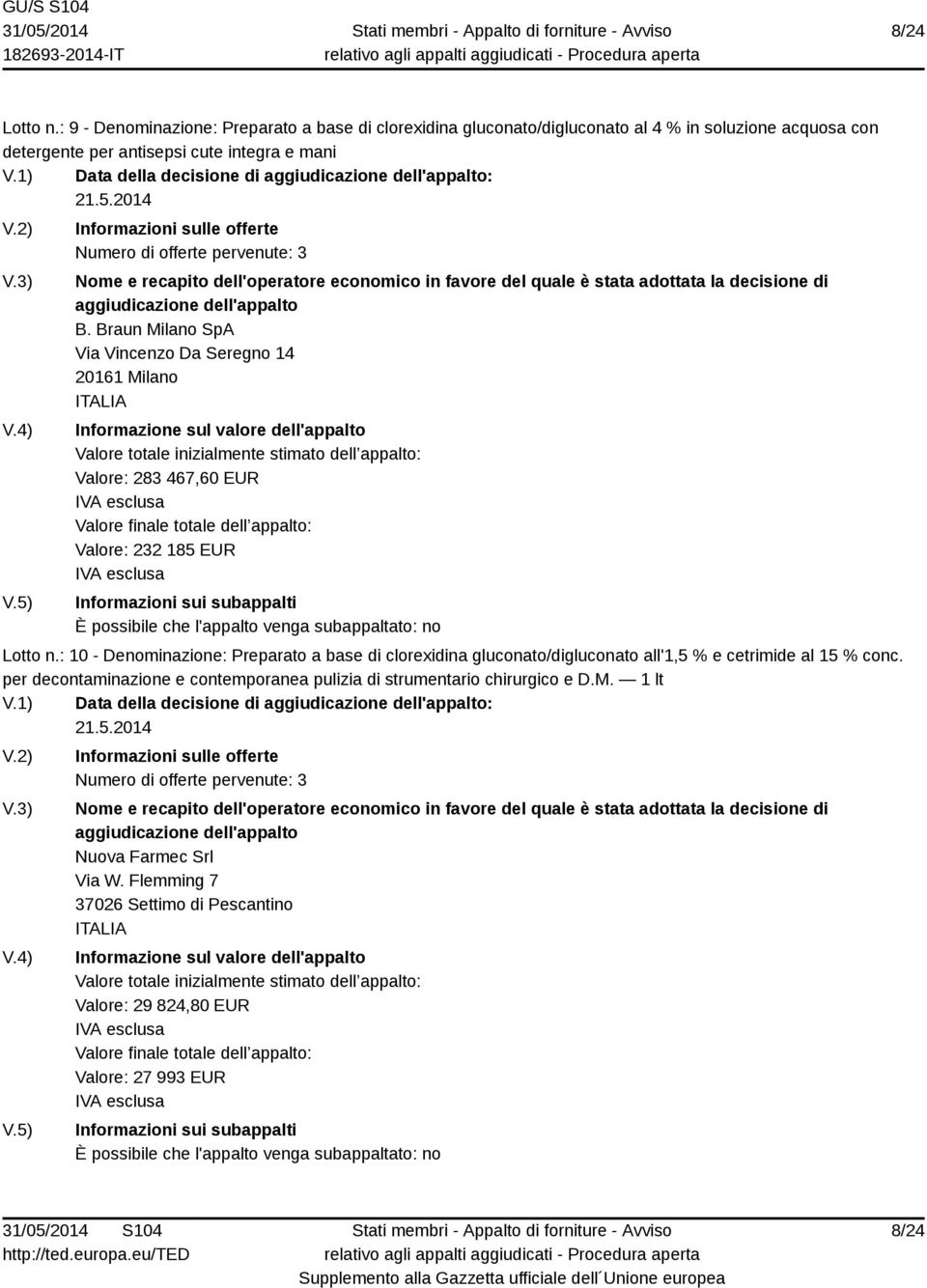 1) Data della decisione di : B. Braun Milano SpA Via Vincenzo Da Seregno 14 20161 Milano Valore: 283 467,60 EUR Valore: 232 185 EUR Lotto n.