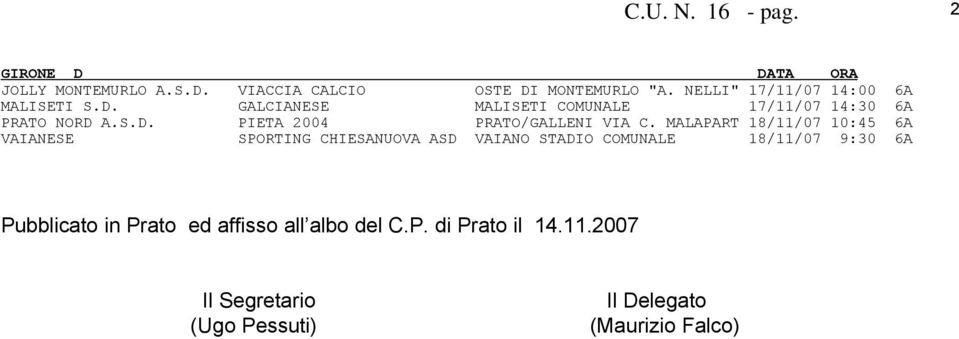 MALAPART 18/11/07 10:45 6A VAIANESE SPORTING CHIESANUOVA ASD VAIANO STADIO COMUNALE 18/11/07 9:30 6A Pubblicato