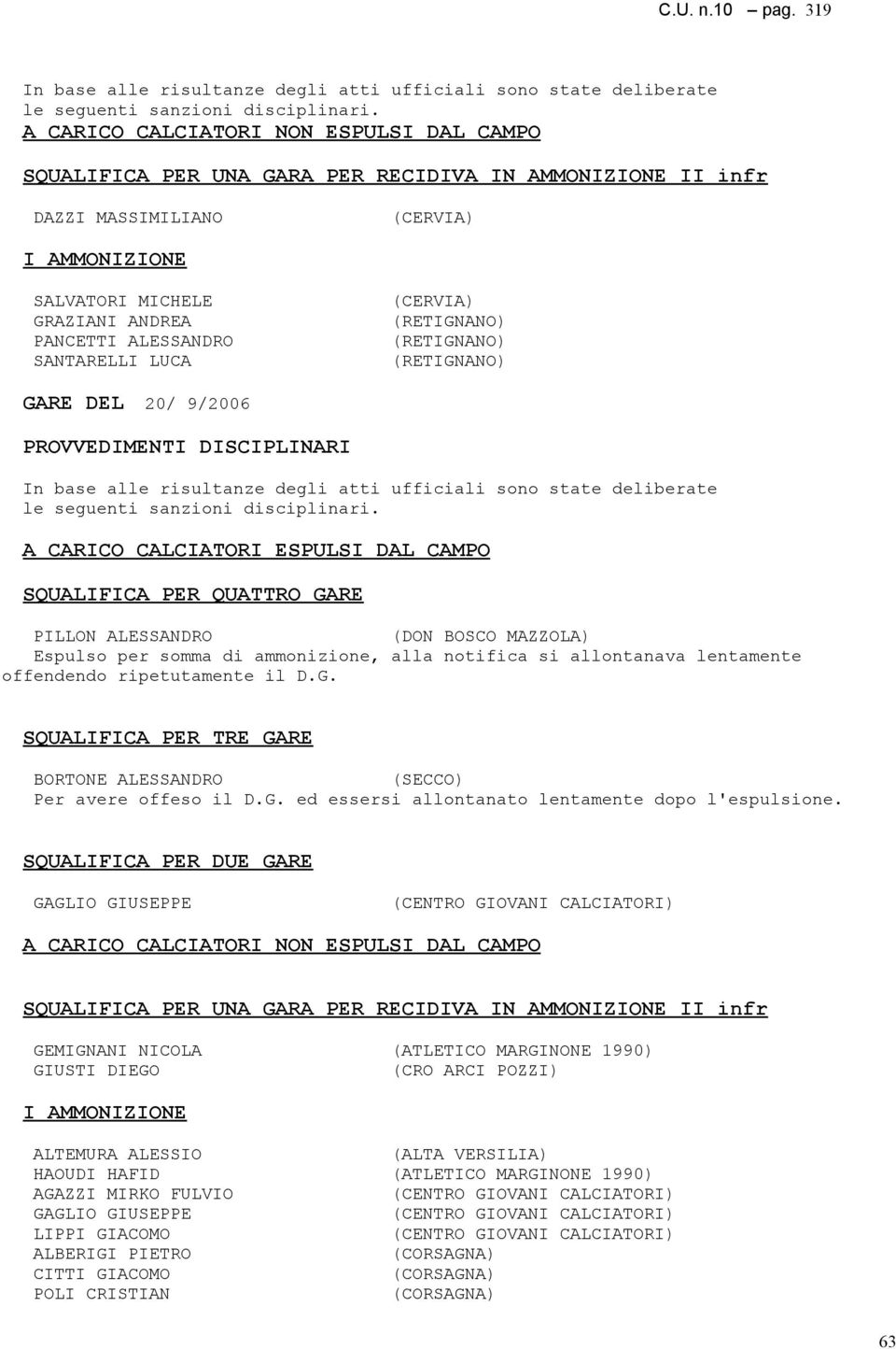 SANTARELLI LUCA (CERVIA) (RETIGNANO) (RETIGNANO) (RETIGNANO) GARE DEL 20/ 9/2006 PROVVEDIMENTI DISCIPLINARI In base alle risultanze degli atti ufficiali sono state deliberate le seguenti sanzioni