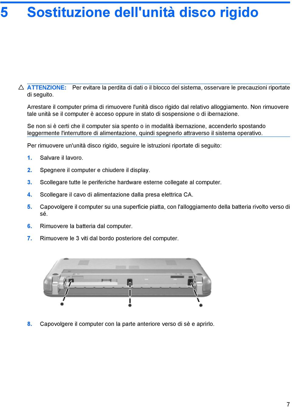 Non rimuovere tale unità se il computer è acceso oppure in stato di sospensione o di ibernazione.